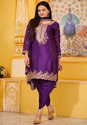 Embroidered Chinon Silk Scalloped Punjabi Suit in Purple