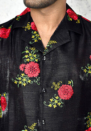 Embroidered Chinon Silk Shirt in Black