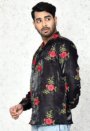 Embroidered Chinon Silk Shirt in Black