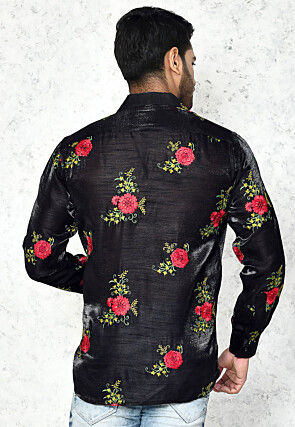Embroidered Chinon Silk Shirt in Black