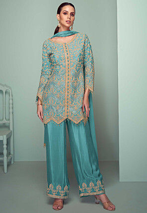 Embroidered Chinon Silk Pakistani Suit in Blue
