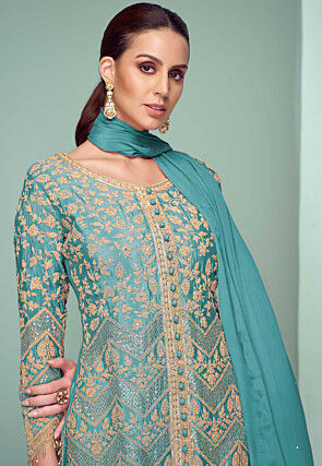 Embroidered Chinon Silk Pakistani Suit in Blue