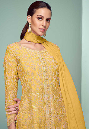 Embroidered Chinon Silk Pakistani Suit in Yellow