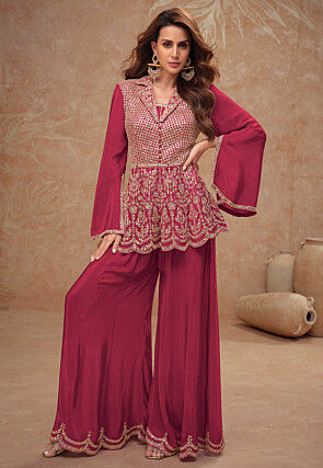 Embroidered Chinon Silk Tunic Set in Maroon