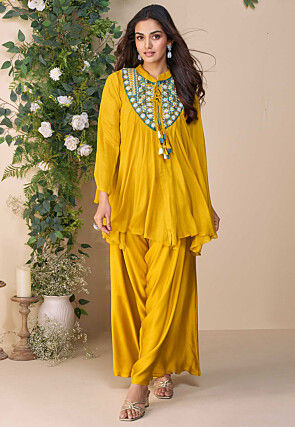Embroidered Chinon Silk Tunic Set in Mustard