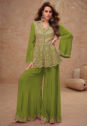 Embroidered Chinon Silk Tunic Set in Olive Green
