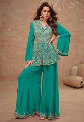 Embroidered Chinon Silk Tunic Set in Teal Green