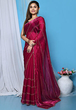 Hand Embroidered Chinon Chiffon Saree in Magenta