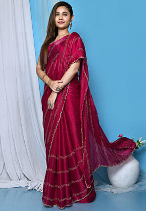 Hand Embroidered Chinon Chiffon Saree in Magenta