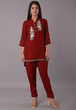 Embroidered Rayon CO Ord Set in Maroon