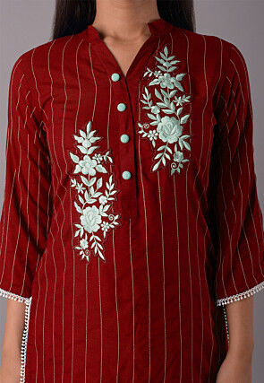 Embroidered Rayon CO Ord Set in Maroon