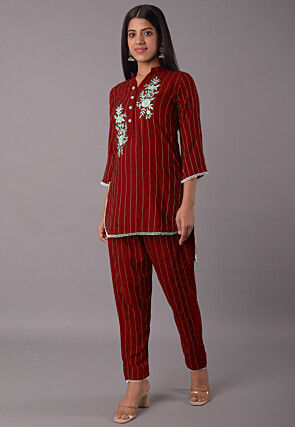 Embroidered Rayon CO Ord Set in Maroon