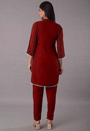 Embroidered Rayon CO Ord Set in Maroon