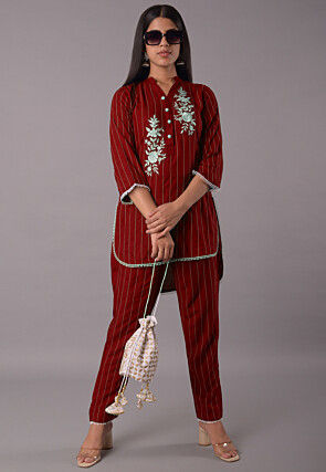 Embroidered Rayon CO Ord Set in Maroon