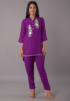 Embroidered Rayon CO Ord Set in Purple