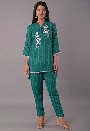 Embroidered Rayon CO Ord Set in Teal Green