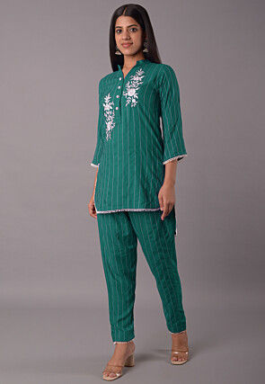 Embroidered Rayon CO Ord Set in Teal Green