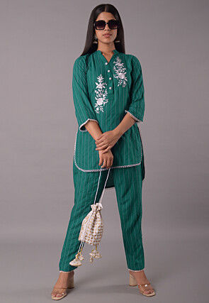 Embroidered Rayon CO Ord Set in Teal Green