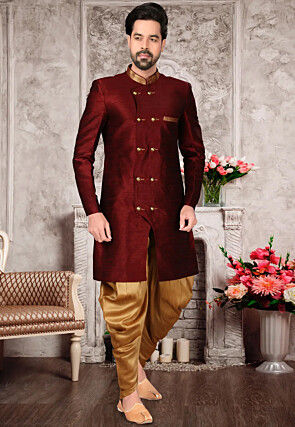 Embroidered Collar Art Silk Dhoti Sherwani in Maroon