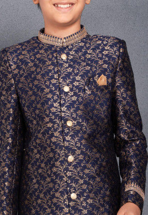 Embroidered Collar Art Silk Jacquard Asymmetric Sherwani in Navy Blue