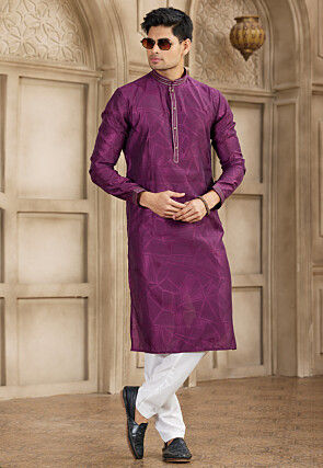 Embroidered Collar Art Silk Jacquard Kurta Set in Dark Purple