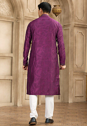 Embroidered Collar Art Silk Jacquard Kurta Set in Dark Purple