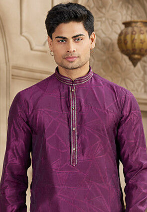 Embroidered Collar Art Silk Jacquard Kurta Set in Dark Purple