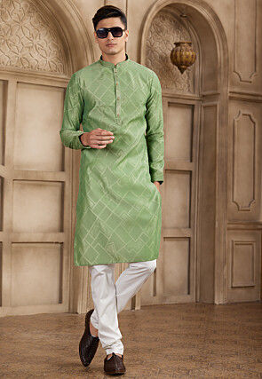 Embroidered Collar Art Silk Jacquard Kurta Set in Green