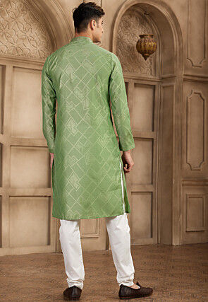 Embroidered Collar Art Silk Jacquard Kurta Set in Green