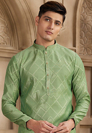 Embroidered Collar Art Silk Jacquard Kurta Set in Green