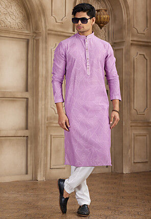 Embroidered Collar Art Silk Jacquard Kurta Set in Light Purple