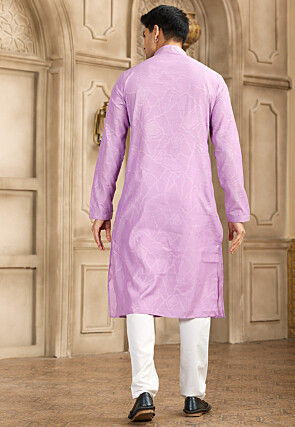 Embroidered Collar Art Silk Jacquard Kurta Set in Light Purple