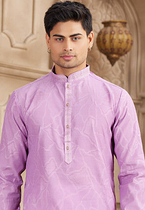 Embroidered Collar Art Silk Jacquard Kurta Set in Light Purple
