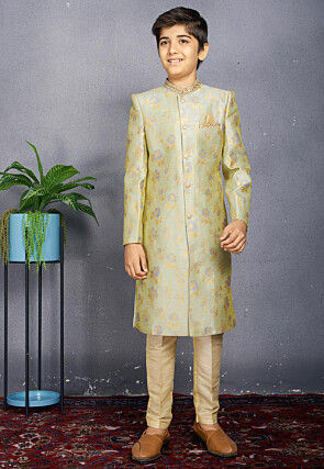 Embroidered Collar Art Silk Jacquard Sherwani in Dusty Green