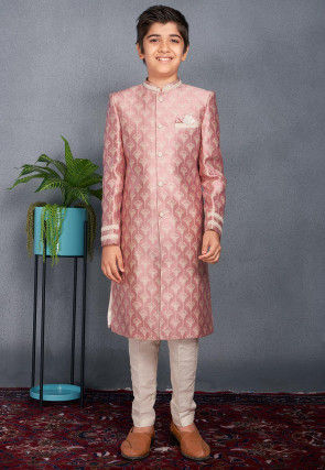 Embroidered Collar Art Silk Jacquard Sherwani in Pink