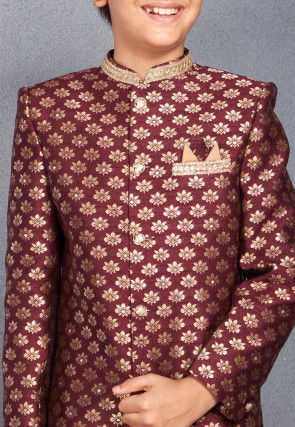Embroidered Collar Art Silk Jacquard Sherwani in Wine