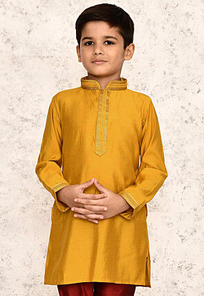 Embroidered Collar Art Silk Kurta in Yellow