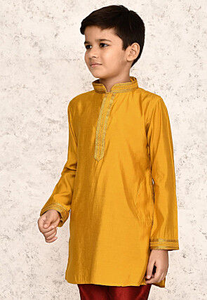 Embroidered Collar Art Silk Kurta in Yellow