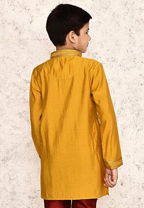 Embroidered Collar Art Silk Kurta in Yellow
