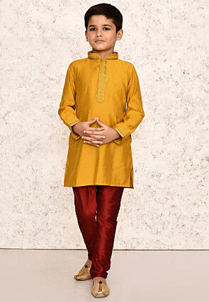 Embroidered Collar Art Silk Kurta in Yellow