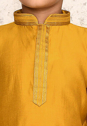 Embroidered Collar Art Silk Kurta in Yellow