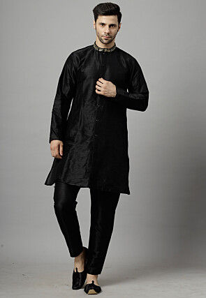 Embroidered Collar Art Silk Kurta Set in Black