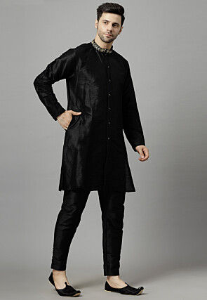 Embroidered Collar Art Silk Kurta Set in Black