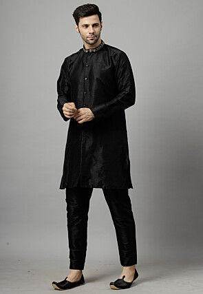 Embroidered Collar Art Silk Kurta Set in Black