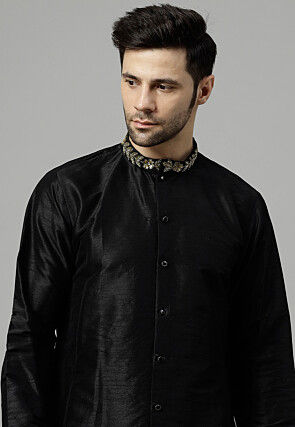 Embroidered Collar Art Silk Kurta Set in Black