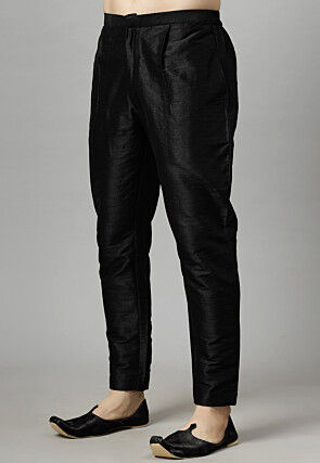 Embroidered Collar Art Silk Kurta Set in Black