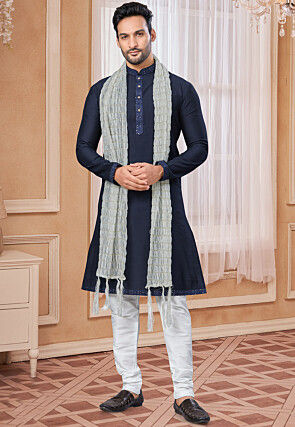 Embroidered Collar Art Silk Kurta Set in Navy Blue