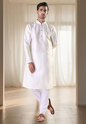 Embroidered Collar Art Silk Kurta Set in Off White