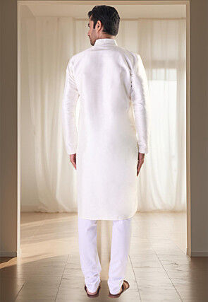 Embroidered Collar Art Silk Kurta Set in Off White