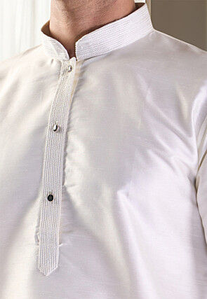 Embroidered Collar Art Silk Kurta Set in Off White